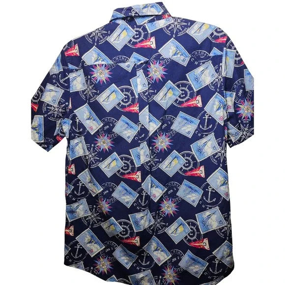 Chaps Mens Medium Navy Blue Nautical Postage Stamp Sailboat Cotton Button Down - Picture 4 of 6